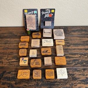 Assorted Craft Lot of 23 Mounted Wood Block Rubber Stamps Various Themes